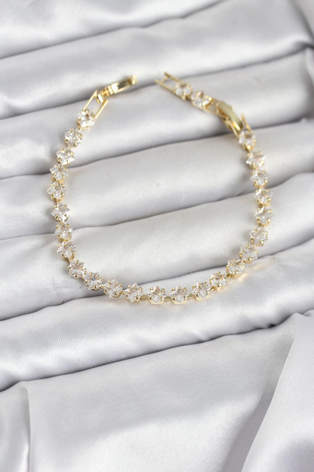 ILS - 1115 Kadın Bileklik Gold Pirinç Kare Zirkon Taşlı - ILOVESHOES