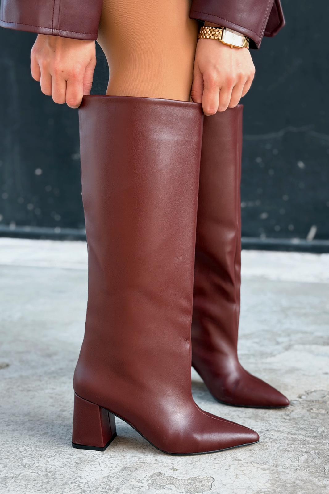 Jarlene Kadın Topuklu Çizme Bordo Mat Deri - ILOVESHOES