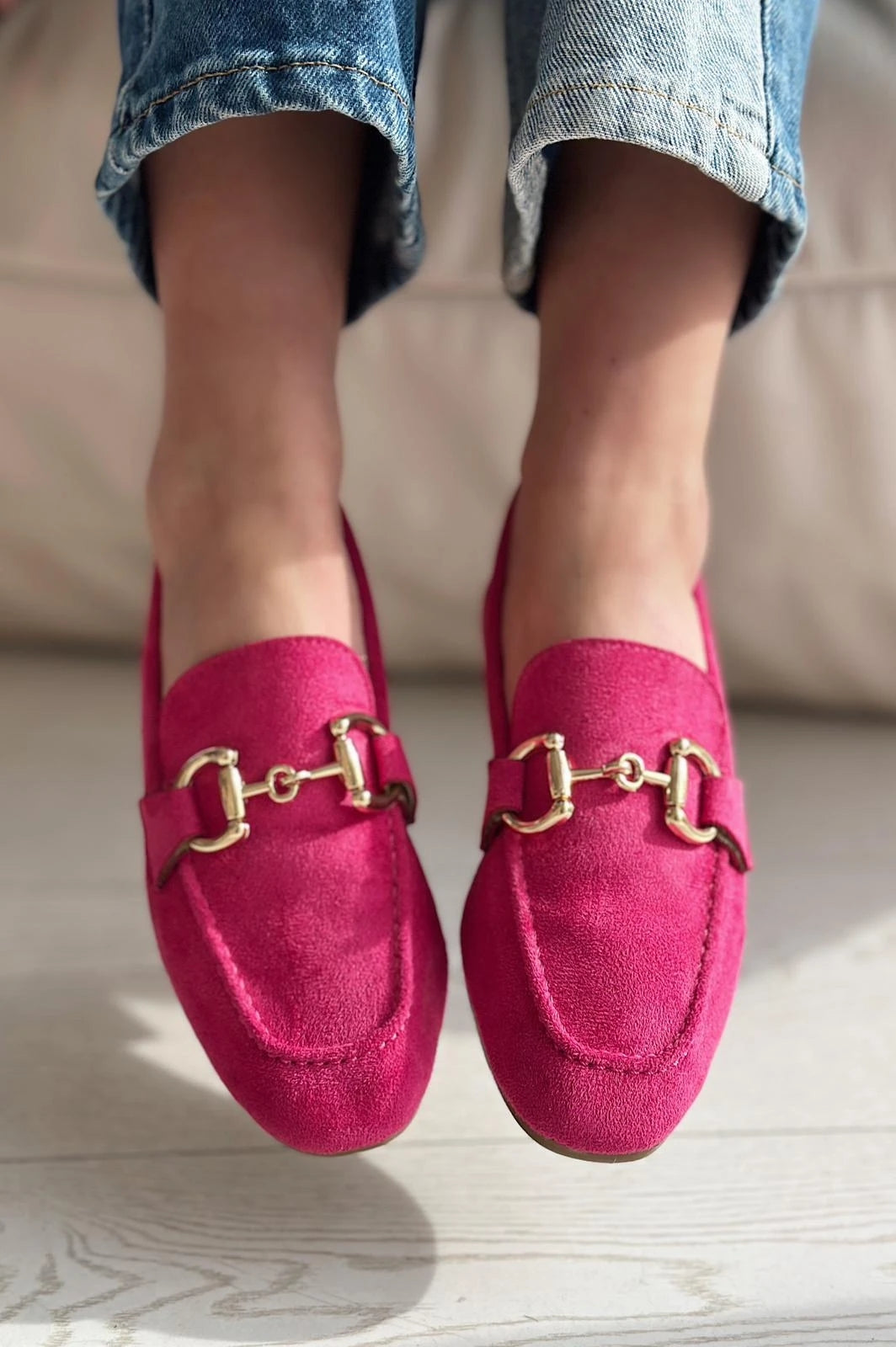 Lofin Süet Toka Detaylı  Kadın Loafer Fuşya