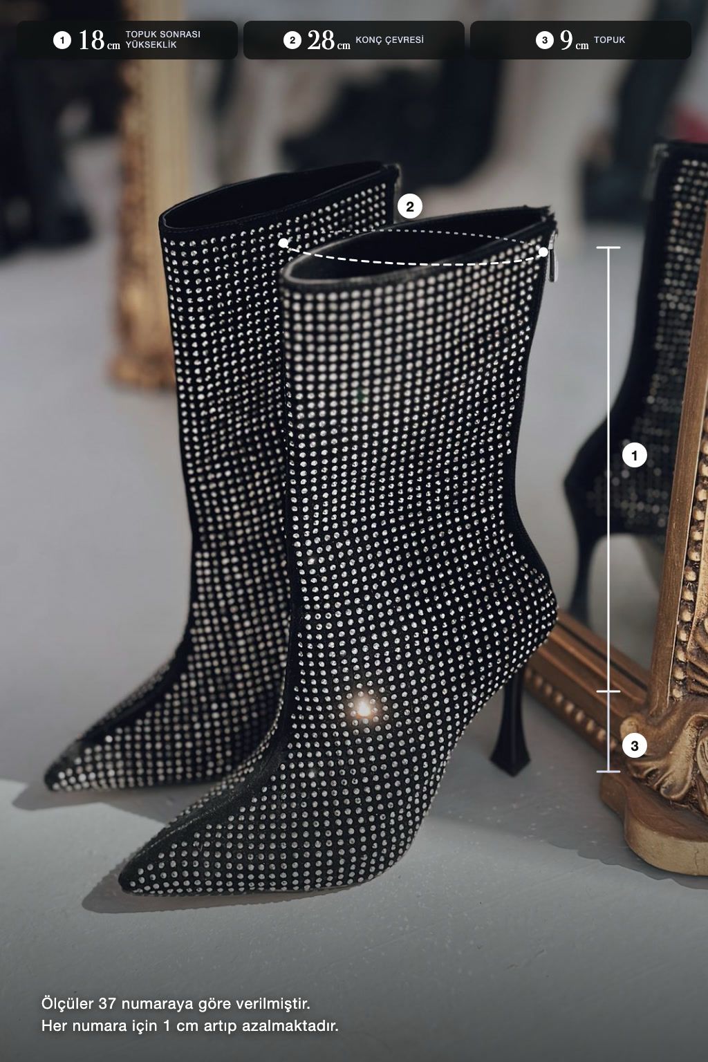 Simley Siyah Gri Taşlı Süet Kadın Çizme - ILOVESHOES