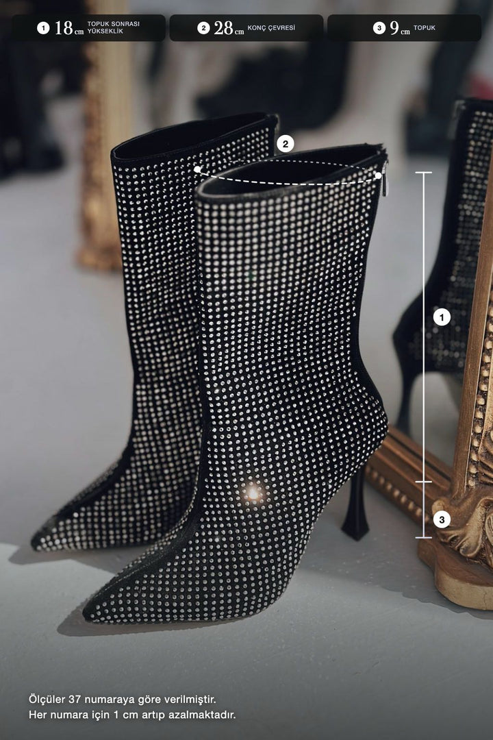 Simley Siyah Gri Taşlı Süet Kadın Çizme - ILOVESHOES