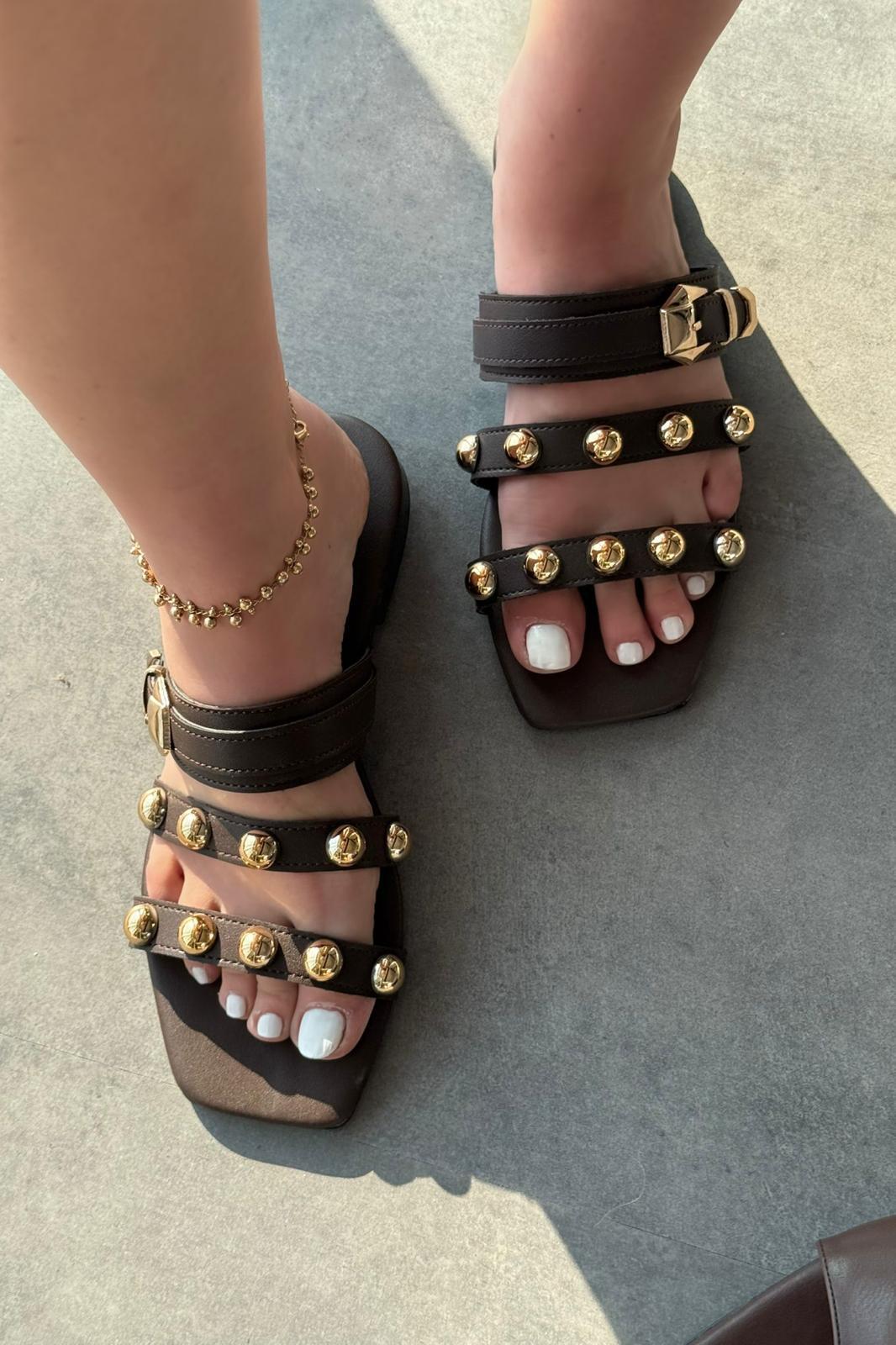 Dawist Mat Deri Acıkahve Troklu Düz Kadın Terlik - ILOVESHOES
