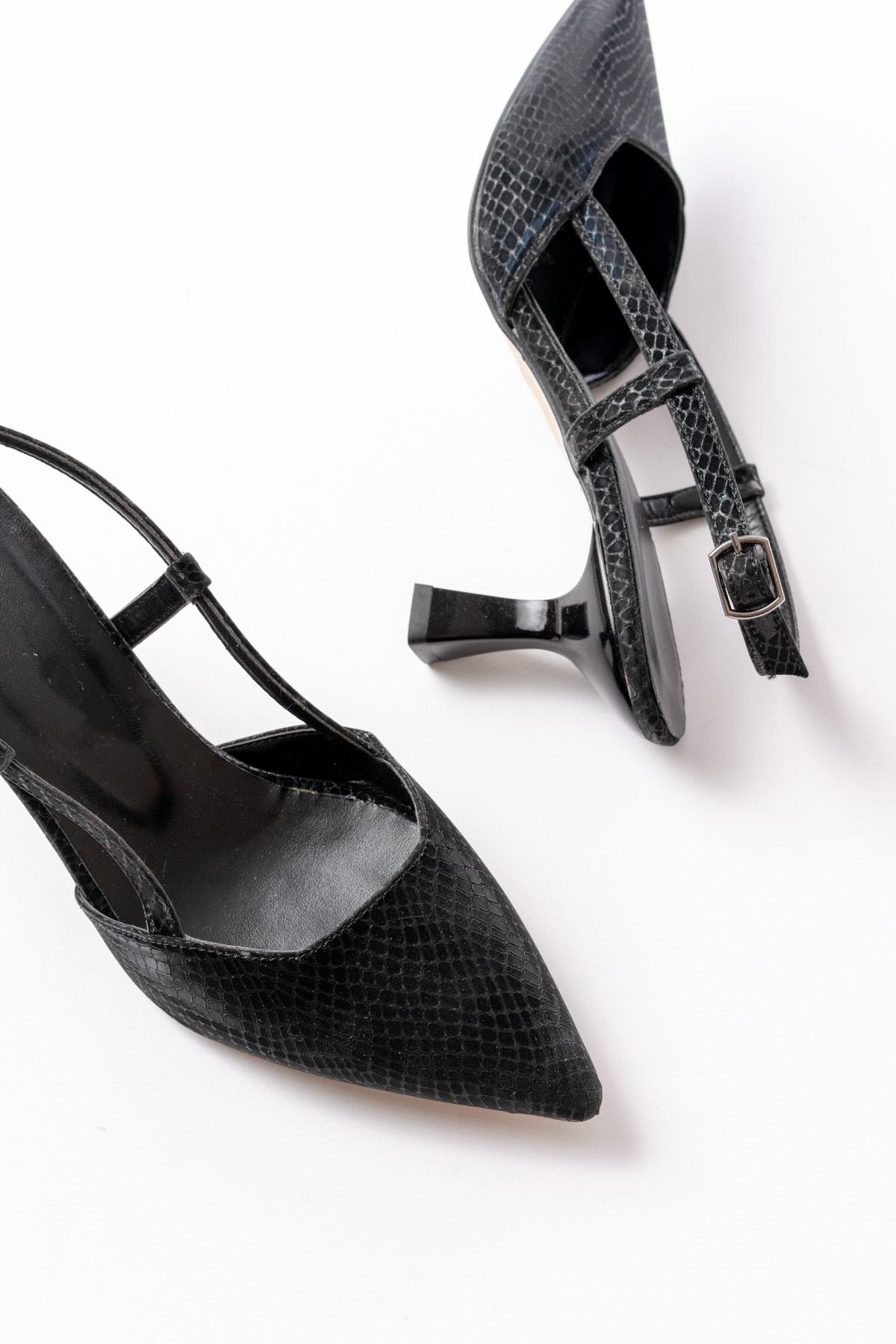 Nowse Mini Parlak Deri Desenli Stiletto Siyah - ILOVESHOES