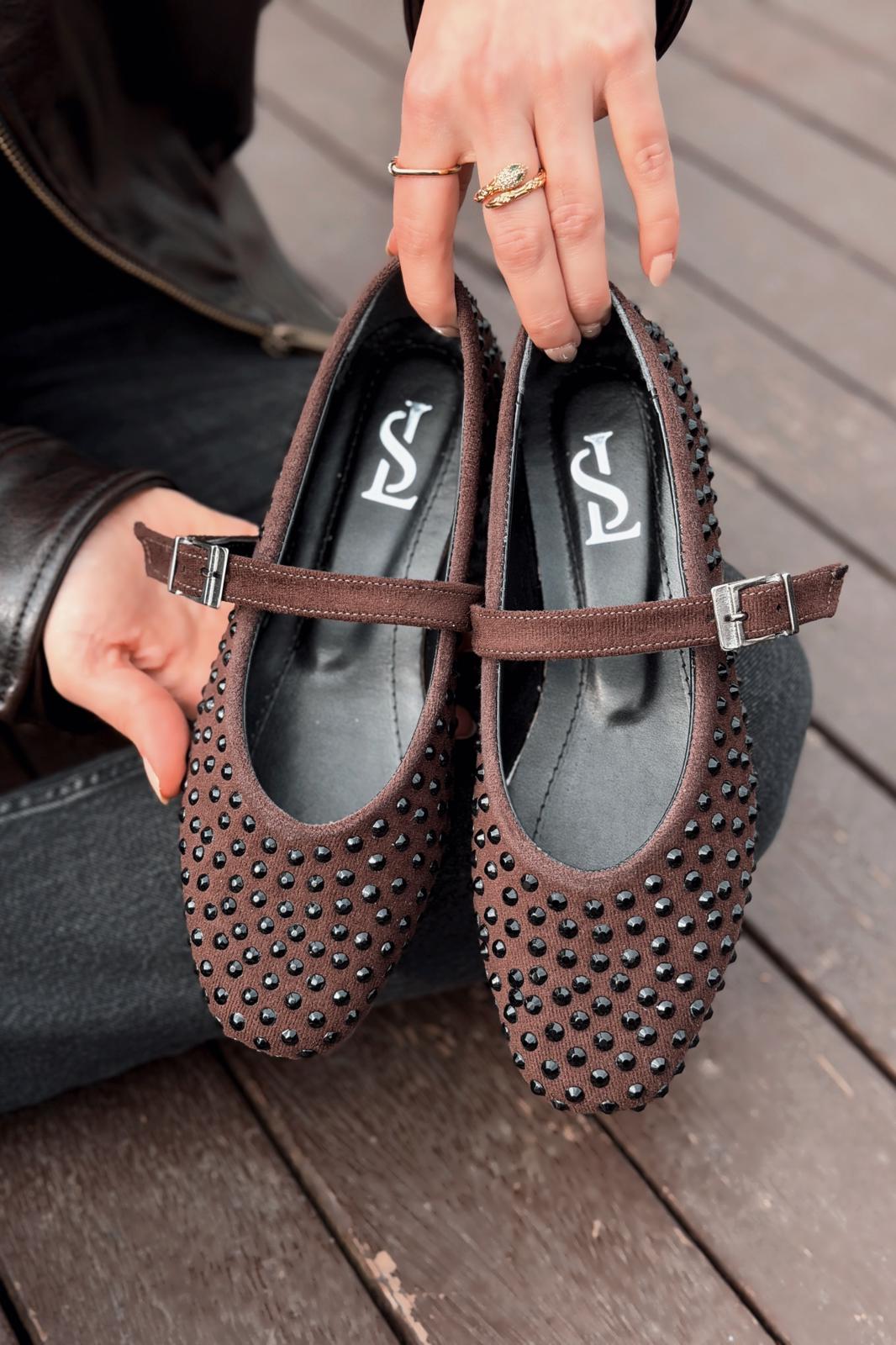 Orion Kadın Babet Acıkahve Süet Taş Detaylı - ILOVESHOES