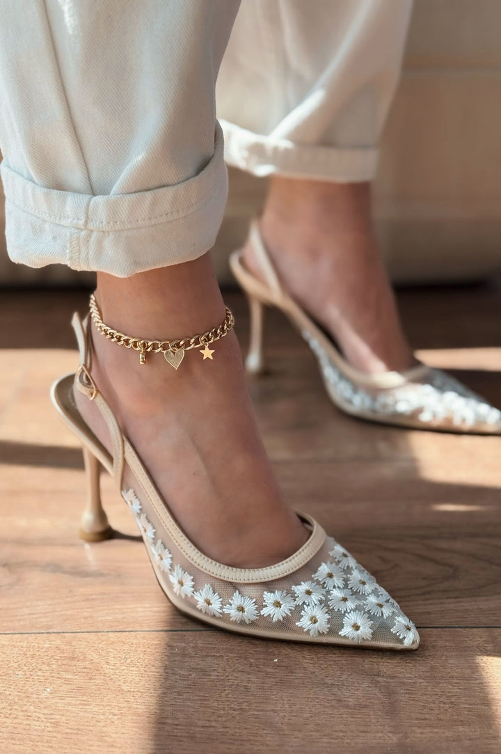 Dasewi Tül Bej Papatya Desenli Stiletto