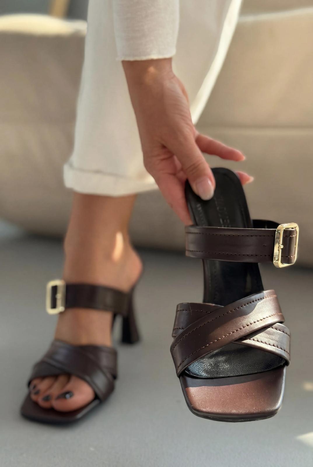 Norden Acıkahve Mat Deri Kadın Topuklu Terlik - ILOVESHOES