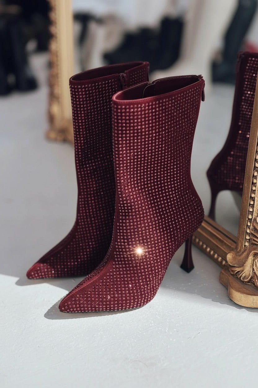 Simley Topuklu Kadın Çizme Bordo Süet Gri Taşlı - ILOVESHOES