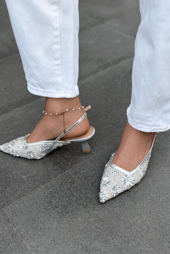 Serona Stiletto Gümüş Nakışlı - ILOVESHOES