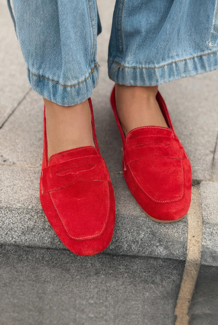 Melniel Hakiki Süet Kadın Loafer Kırmızı - ILOVESHOES