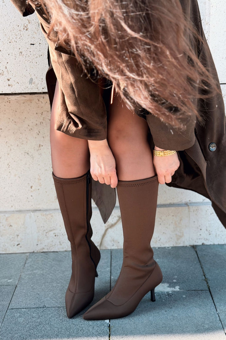 Ralve Kadın Topuklu Streç Çizme Acıkahve Dalgıç Kumaş - ILOVESHOES