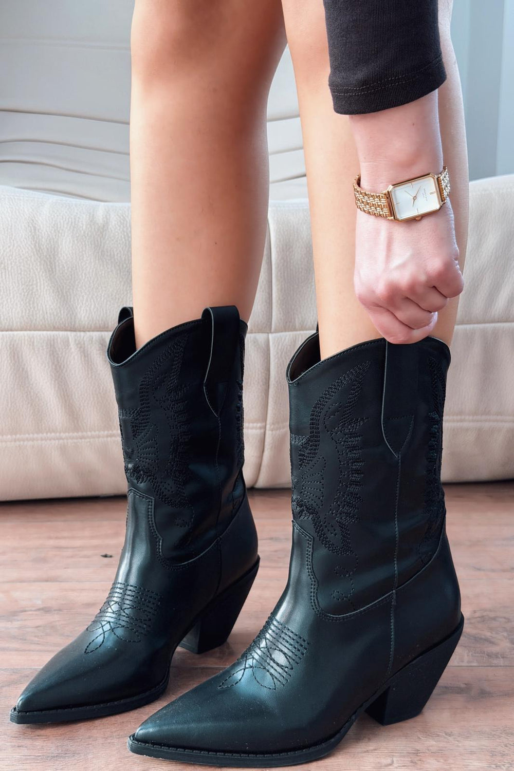 Slaine Kadın Kovboy Bot Siyah Mat Deri Nakışlı - ILOVESHOES