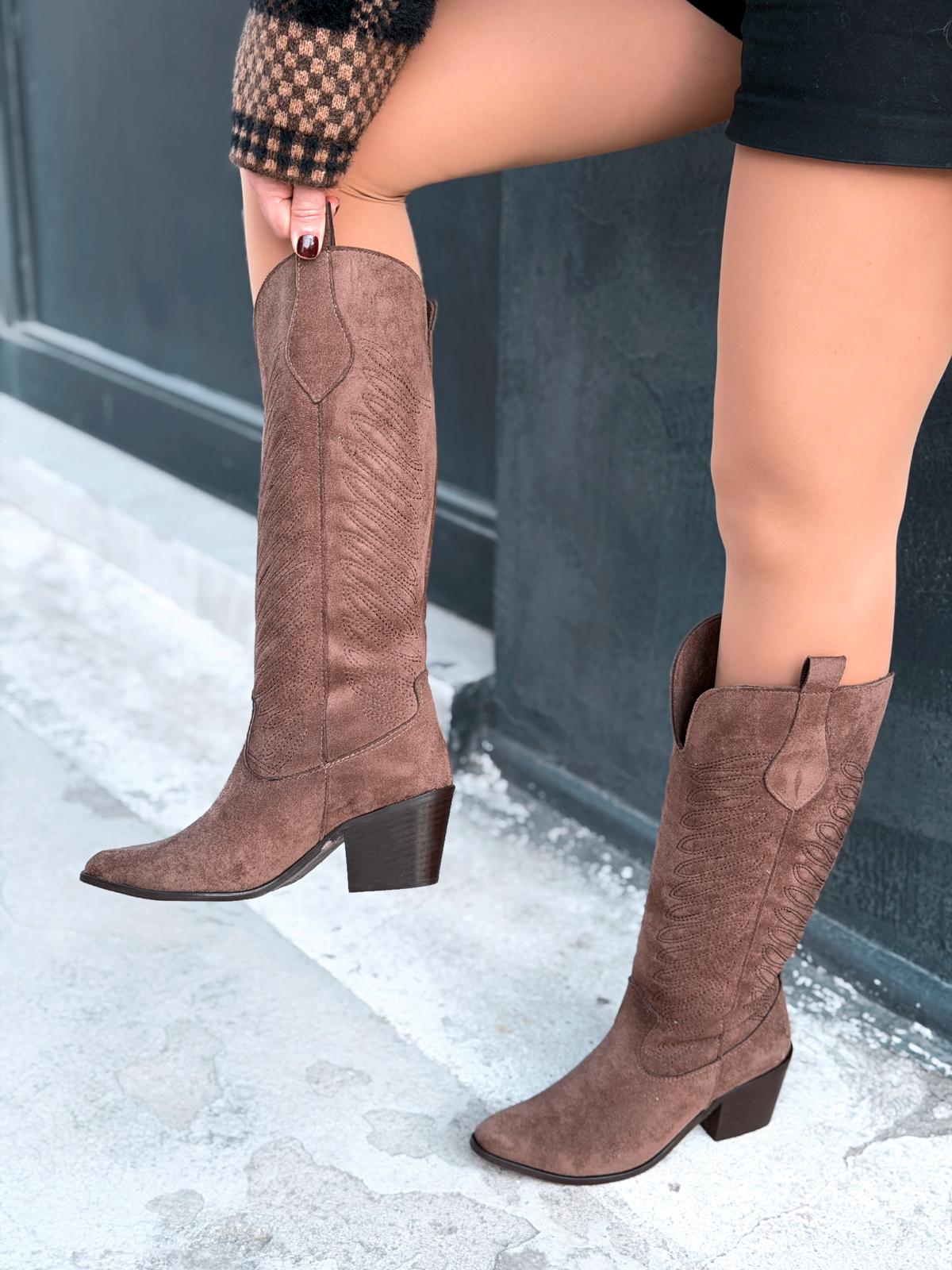 Marvett Kadın Kovboy Çizme Kahverengi Süet - ILOVESHOES