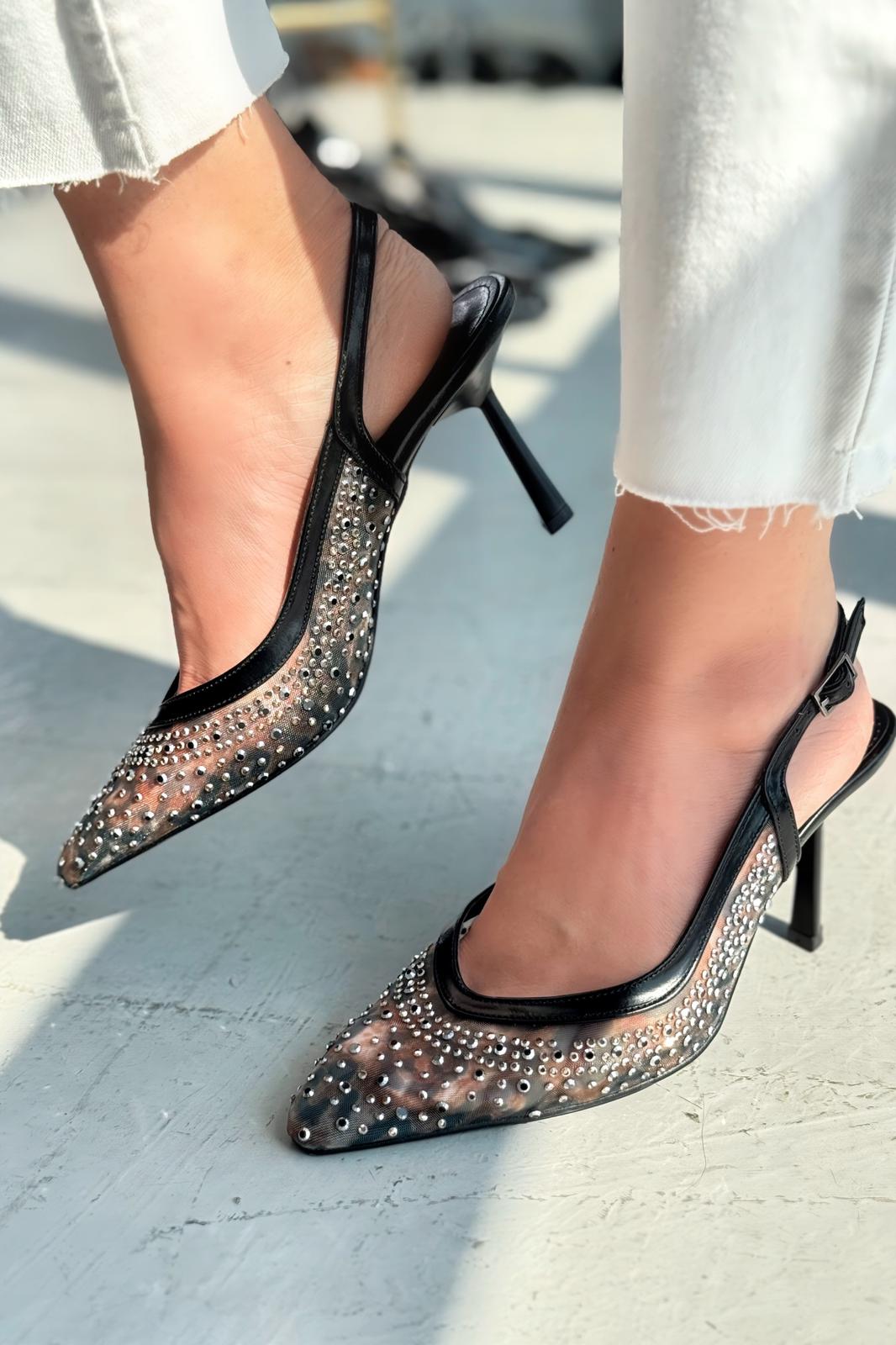 Clarwon Tül Taş Detaylı Stiletto Siyah - ILOVESHOES