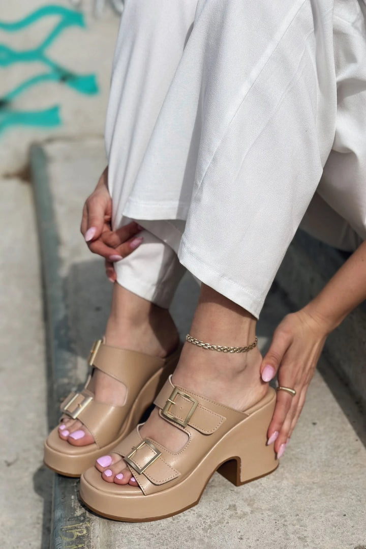Livons Mat Deri Platform Topuklu Kadın Terlik Nude - ILOVESHOES