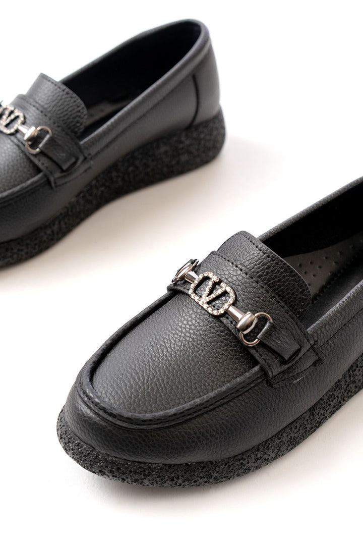Sorina Mat Deri Yüksek Taban Siyah Kadın Loafer - ILOVESHOES