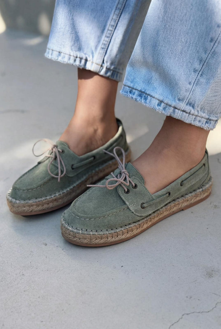 Selora Bağcıklı Espadril Yeşil Hakiki Süet - ILOVESHOES