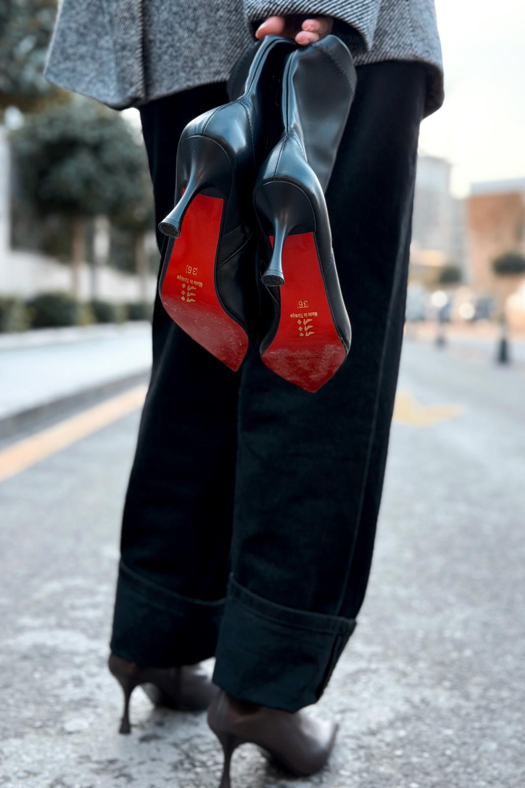 Osenia Kadın Topuklu Streç Bot Siyah Mat Deri - ILOVESHOES