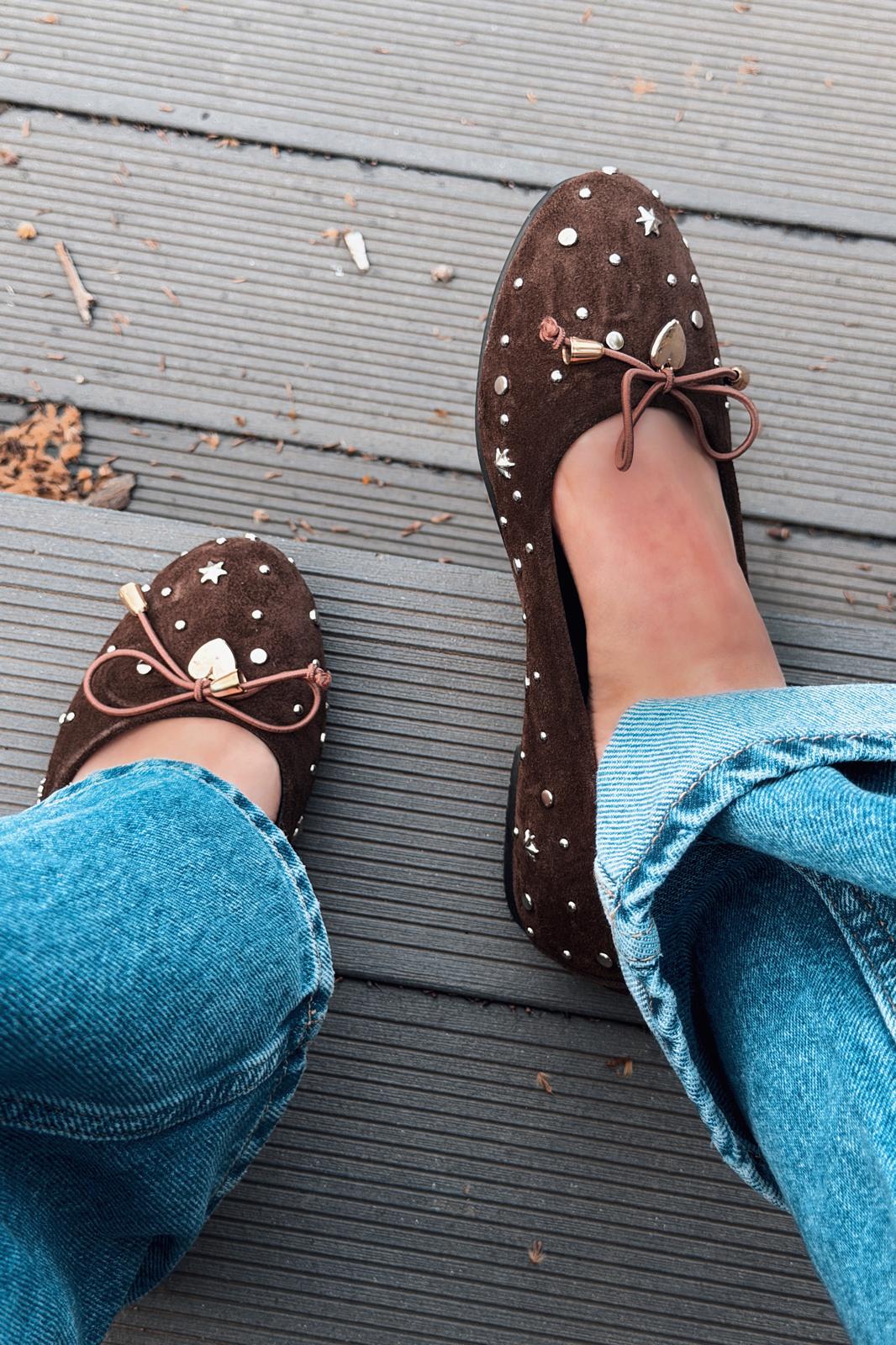 Vessa Kadın Babet Acıkahve Hakiki Süet Zımba Detaylı - ILOVESHOES