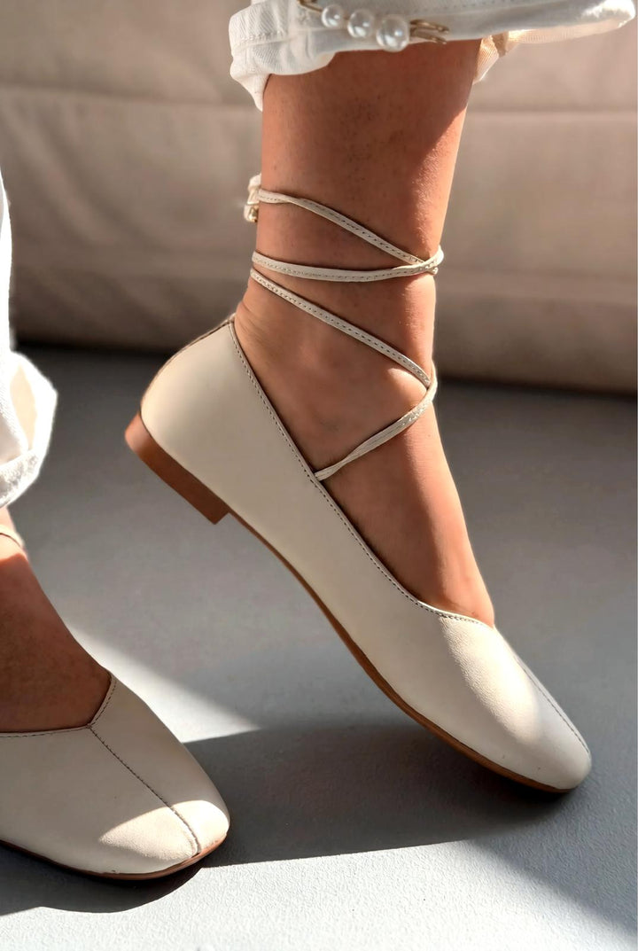Morven Hakiki Deri Bej Kadın Babet - ILOVESHOES