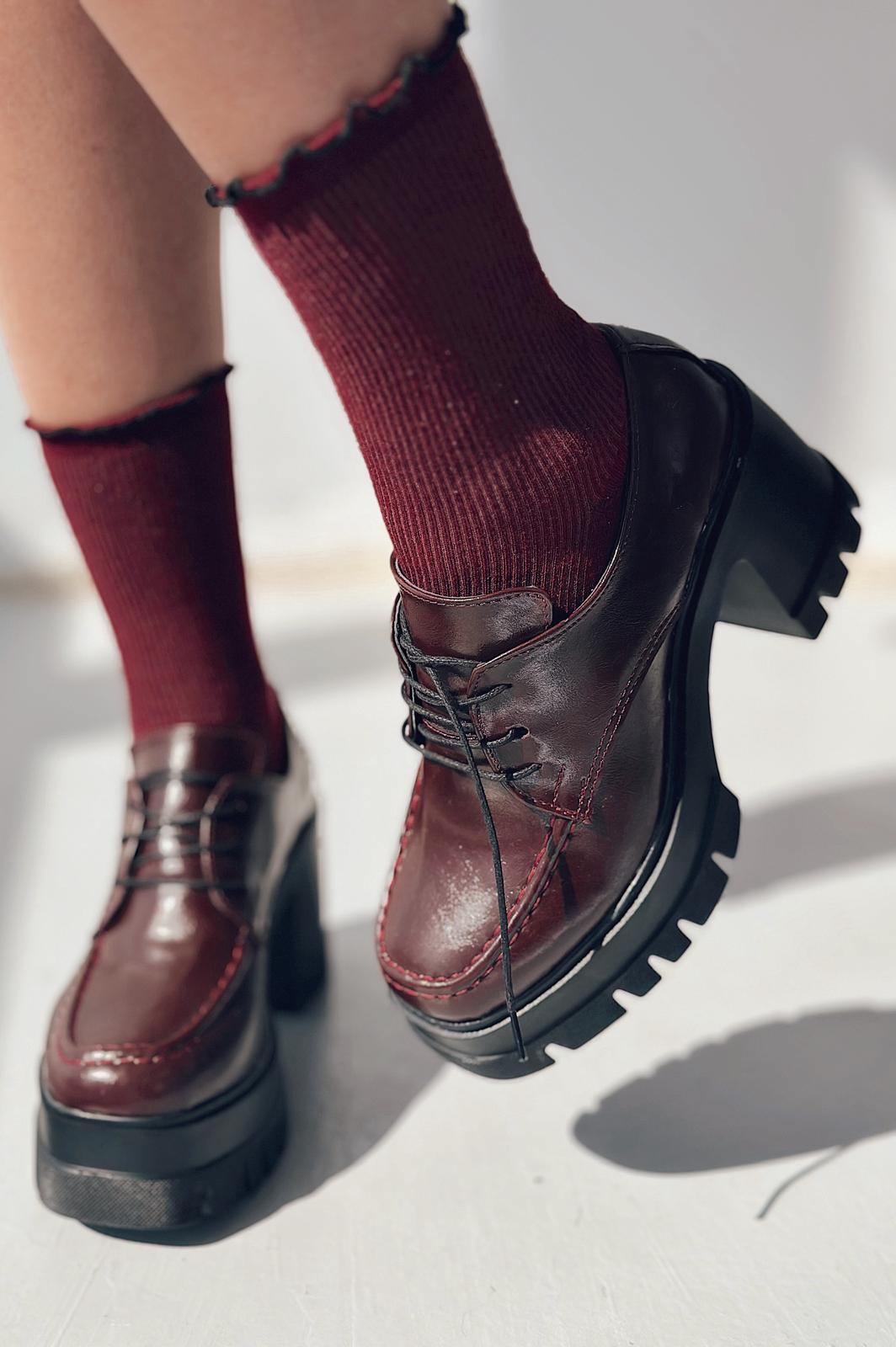 Sapetos Kalın Taban Topuklu Kadın Loafer Bordo Mat Rugan - ILOVESHOES