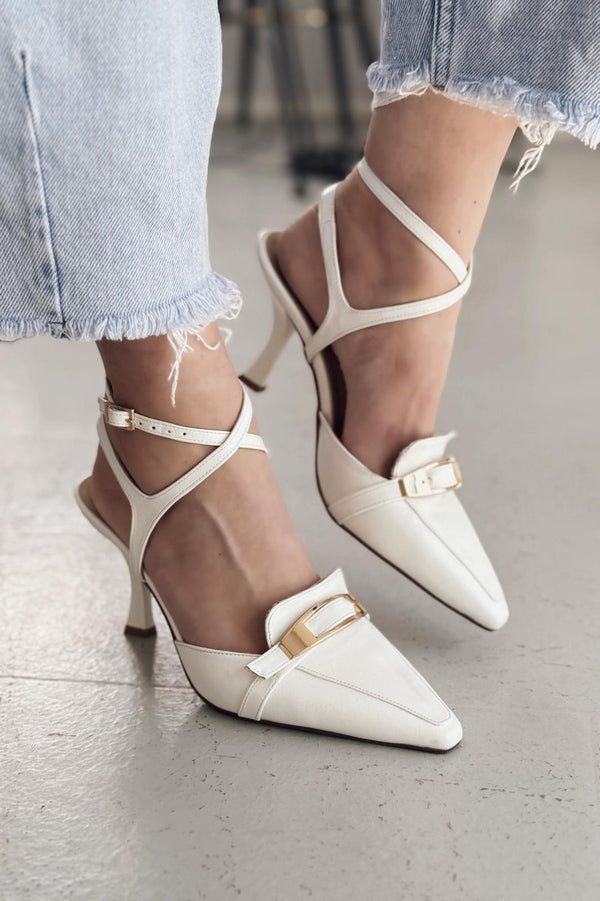 Vorno Parlak Deri Toka Detaylı Beyaz Stiletto - ILOVESHOES