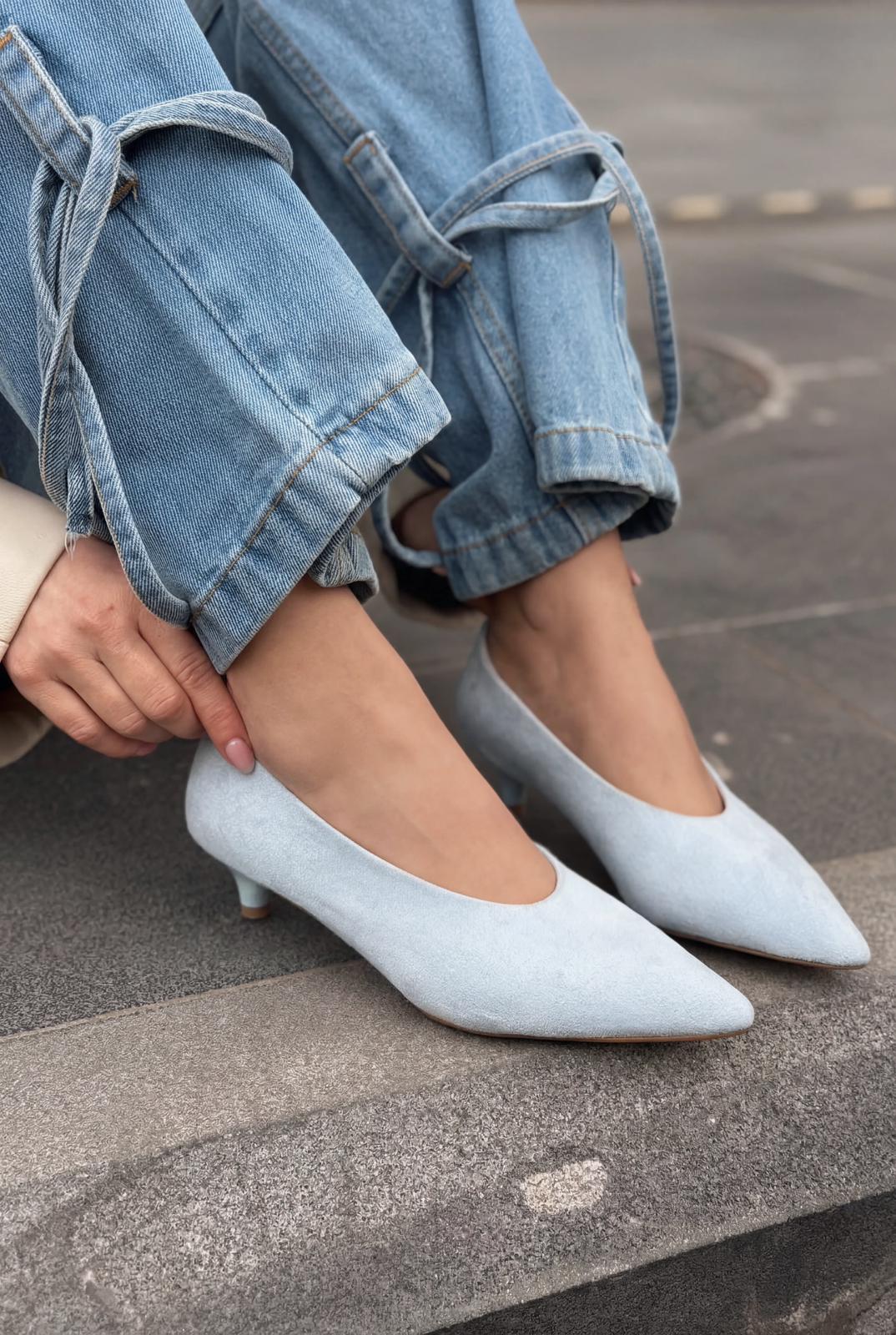 Seranis Hakiki Deri Stiletto Bebek Mavisi Süet - ILOVESHOES