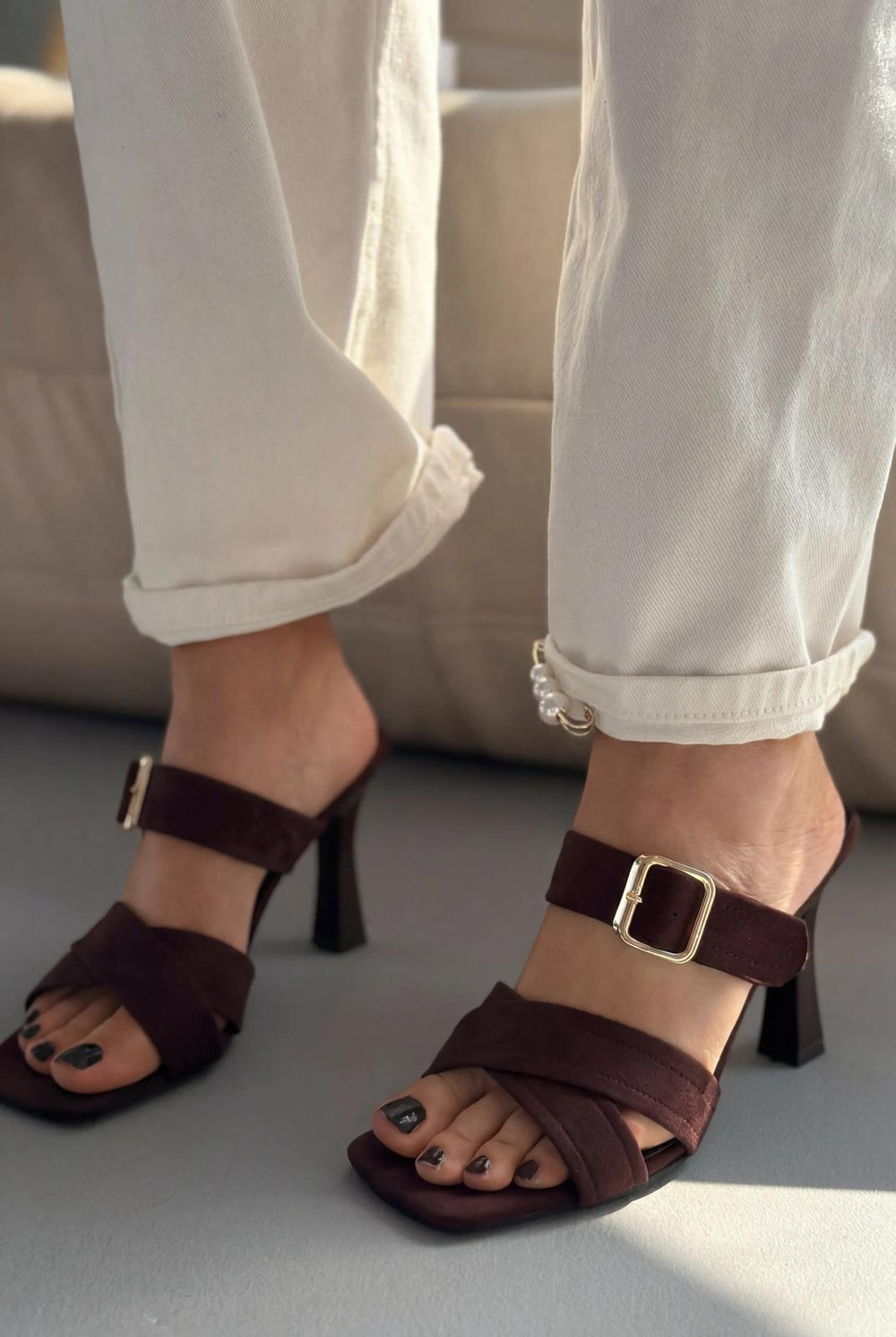 Norden Acıkahve Süet Kadın Topuklu Terlik - ILOVESHOES