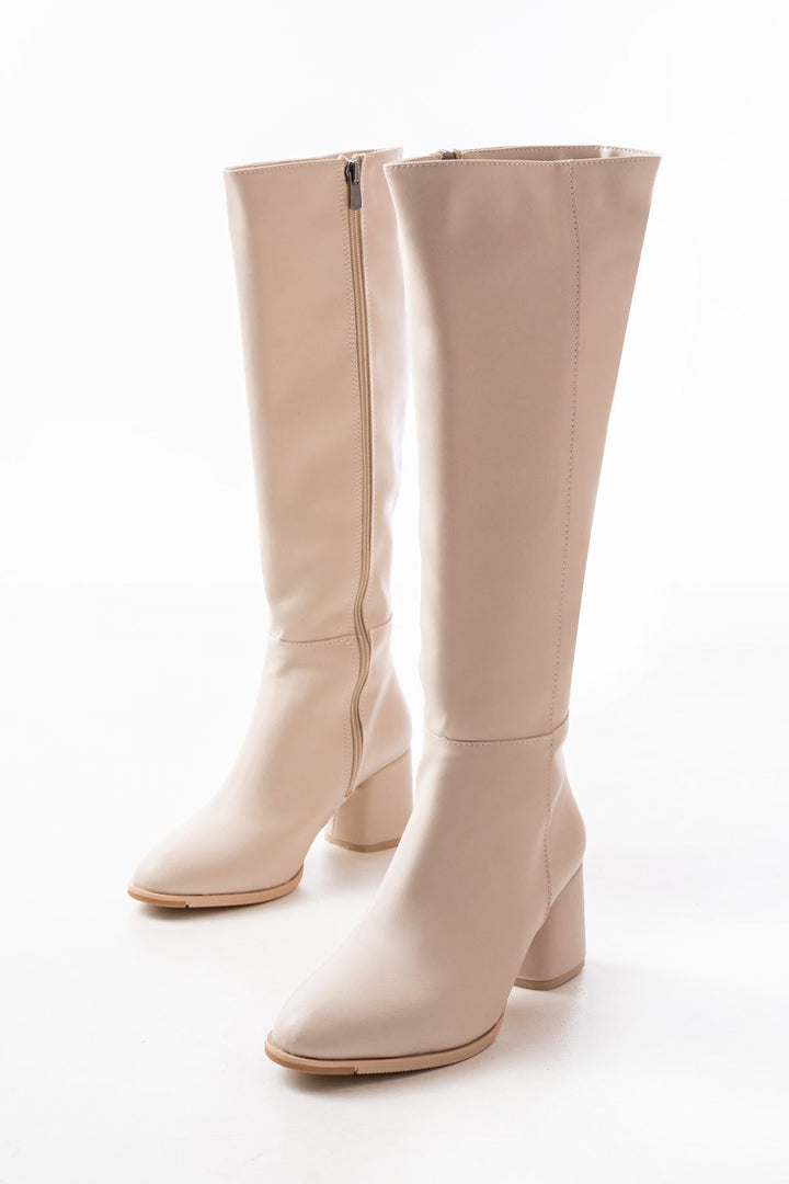 Taferso Bej Topuklu Fermuarlı Günlük Kadın Çizme