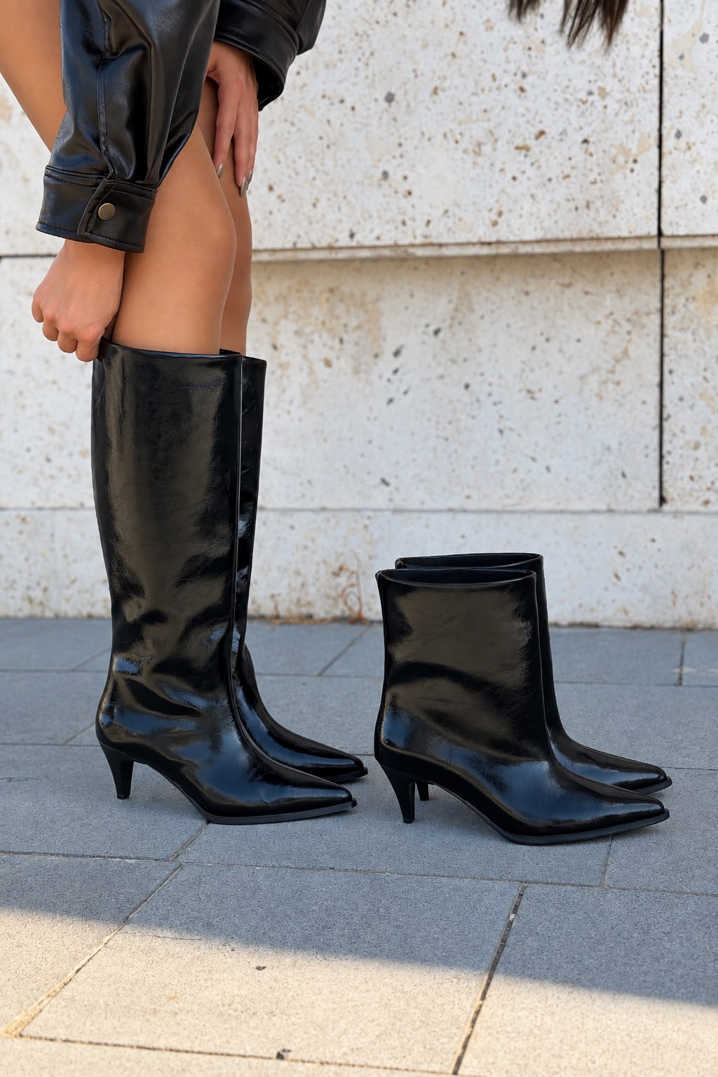 Sovra Siyah Kırışık Deri Kadın Çizme - ILOVESHOES