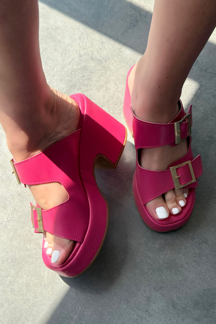 Livons Mat Deri Platform Topuklu Kadın Terlik Fuşya - ILOVESHOES