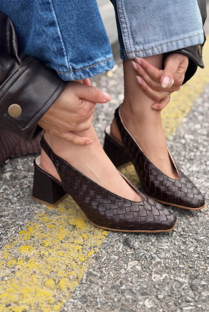 Meladina Topuklu Ayakkabı Acıkahve Mat Deri Örgü Desenli - ILOVESHOES