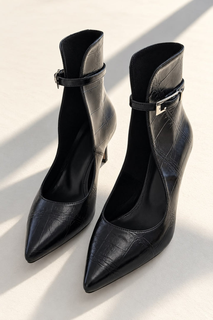 Torvex Siyah Kroko Mat Deri Kadın Topuklu Ayakkabı - ILOVESHOES