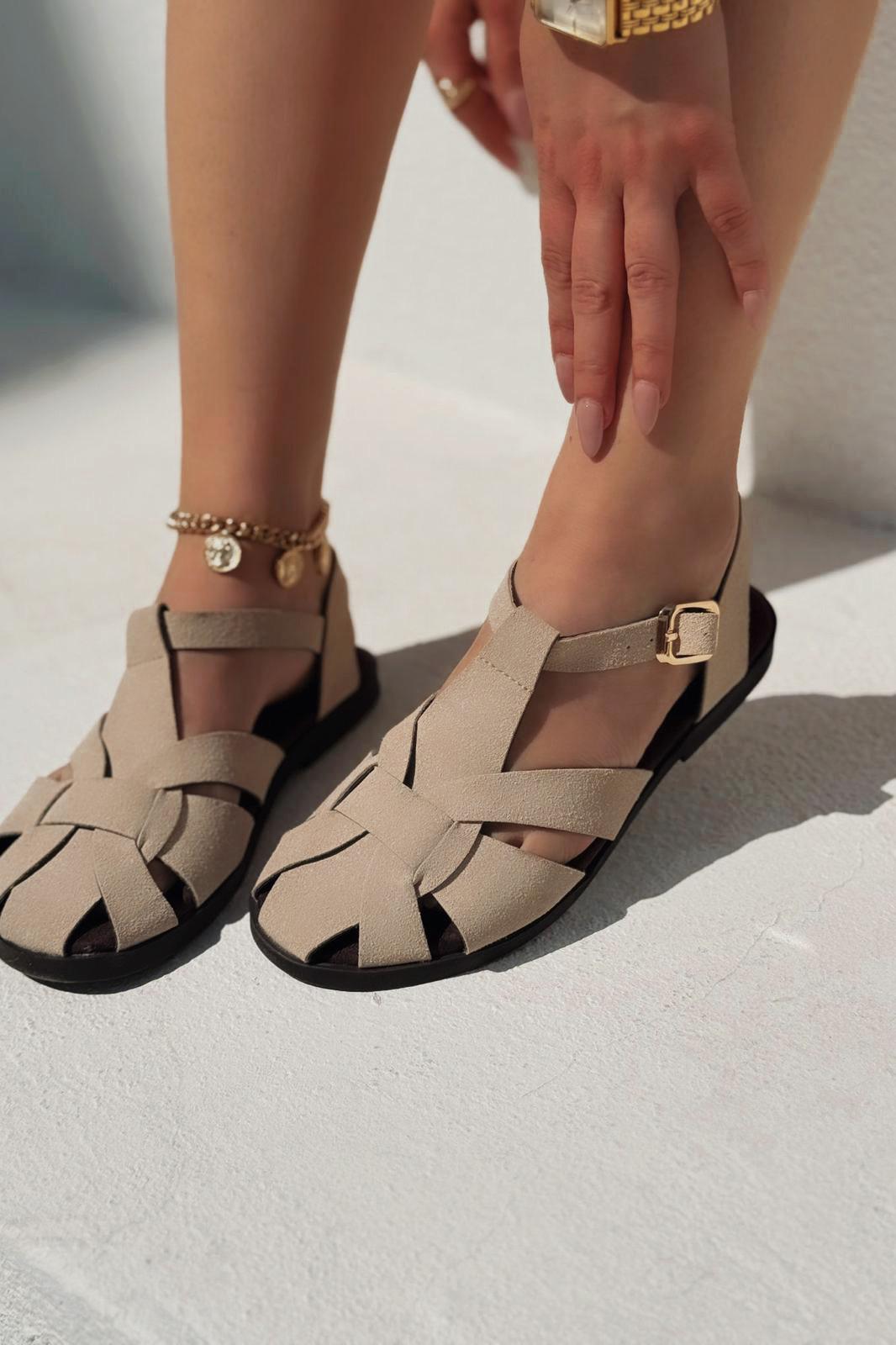 Valen Süet Bej Düz Kadın Sandalet - ILOVESHOES