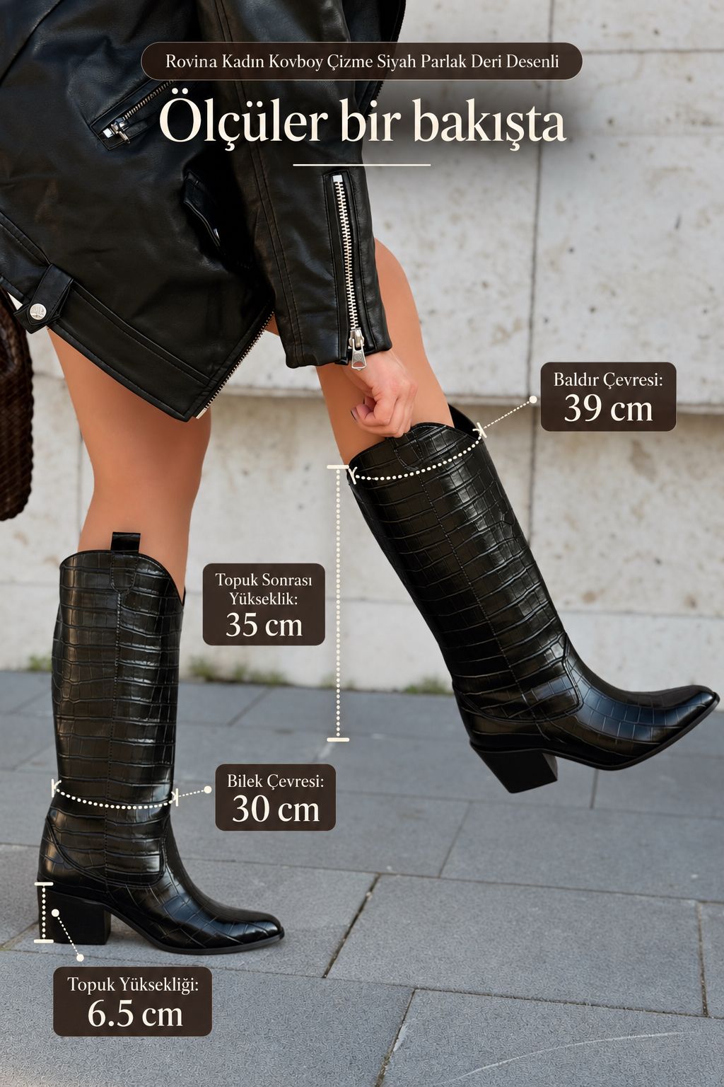 Rovina Kadın Kovboy Çizme Siyah Parlak Deri Desenli - ILOVESHOES