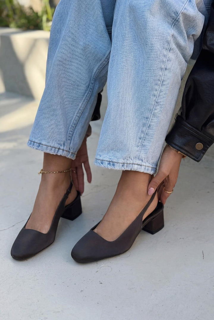Solen Mary jane Topuklu Ayakkabı Acıkahve Saten - ILOVESHOES