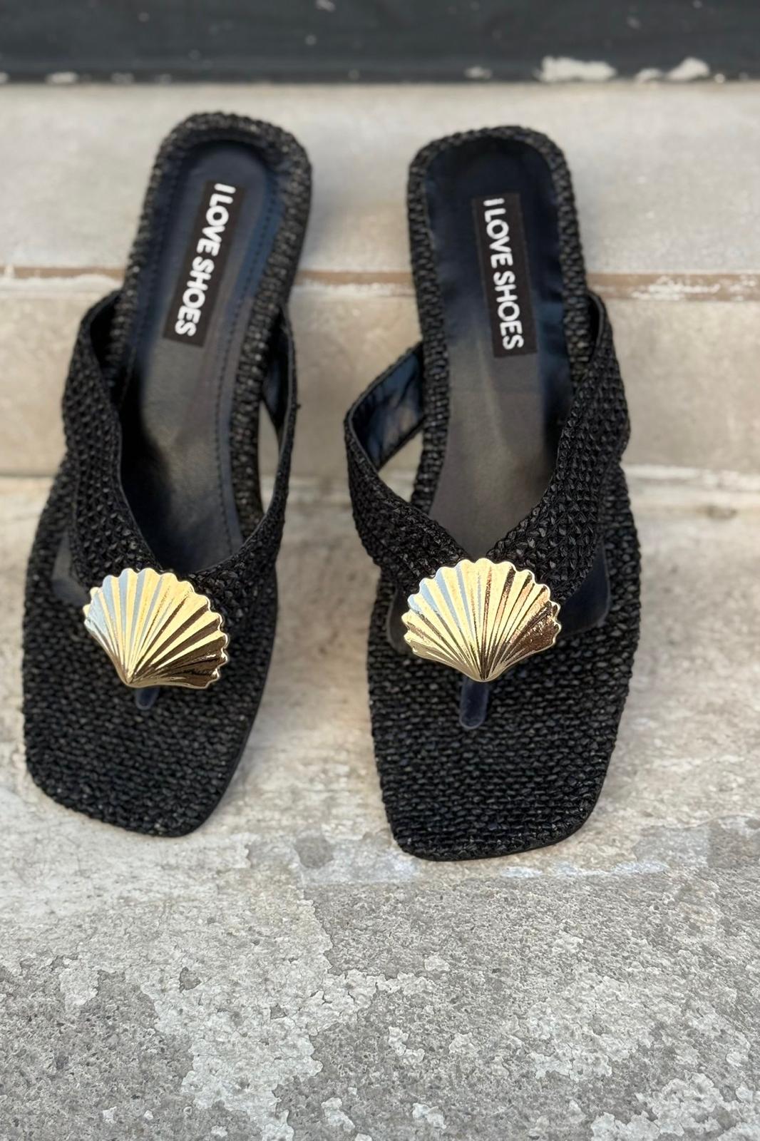 Lovante Hasır Siyah Parmak Arası Düz Terlik - ILOVESHOES