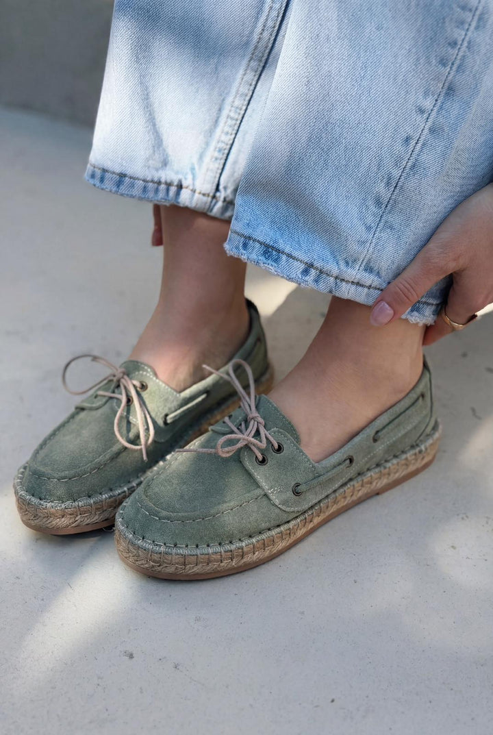 Selora Bağcıklı Espadril Yeşil Hakiki Süet - ILOVESHOES