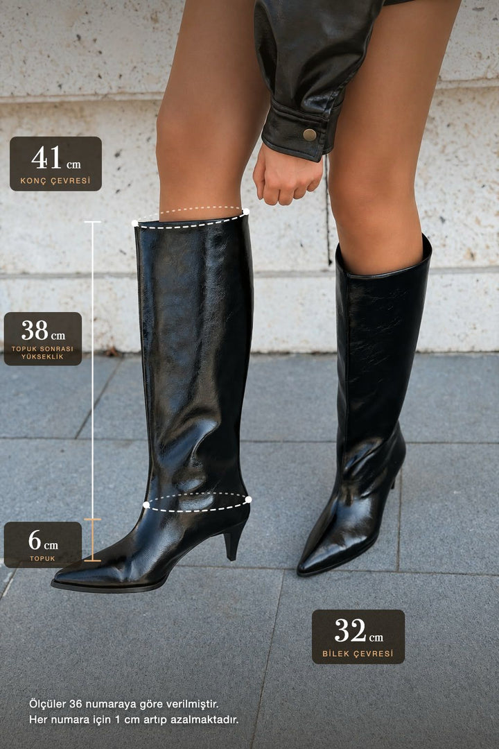 Sovra Siyah Kırışık Deri Kadın Çizme - ILOVESHOES