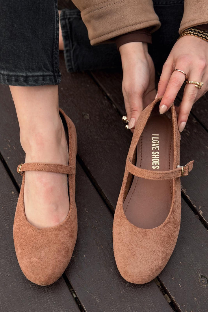 Tenris Kadın Babet Taba Süet Dolgu Topuklu - ILOVESHOES