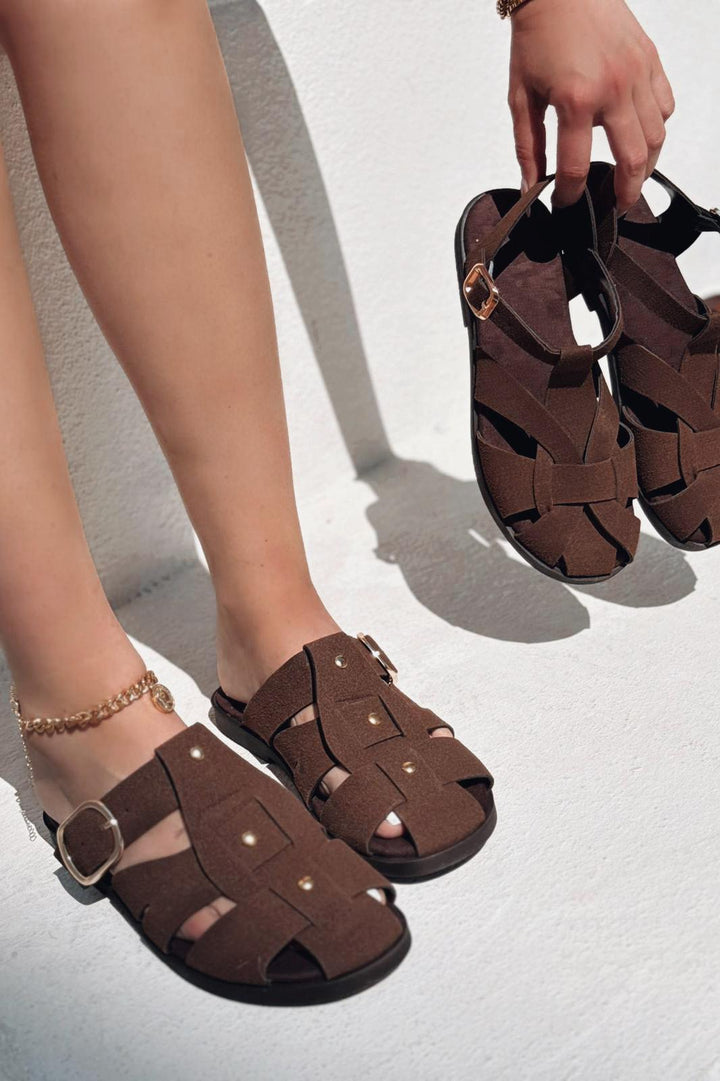 Valen Süet Acıkahve Düz Kadın Sandalet - ILOVESHOES
