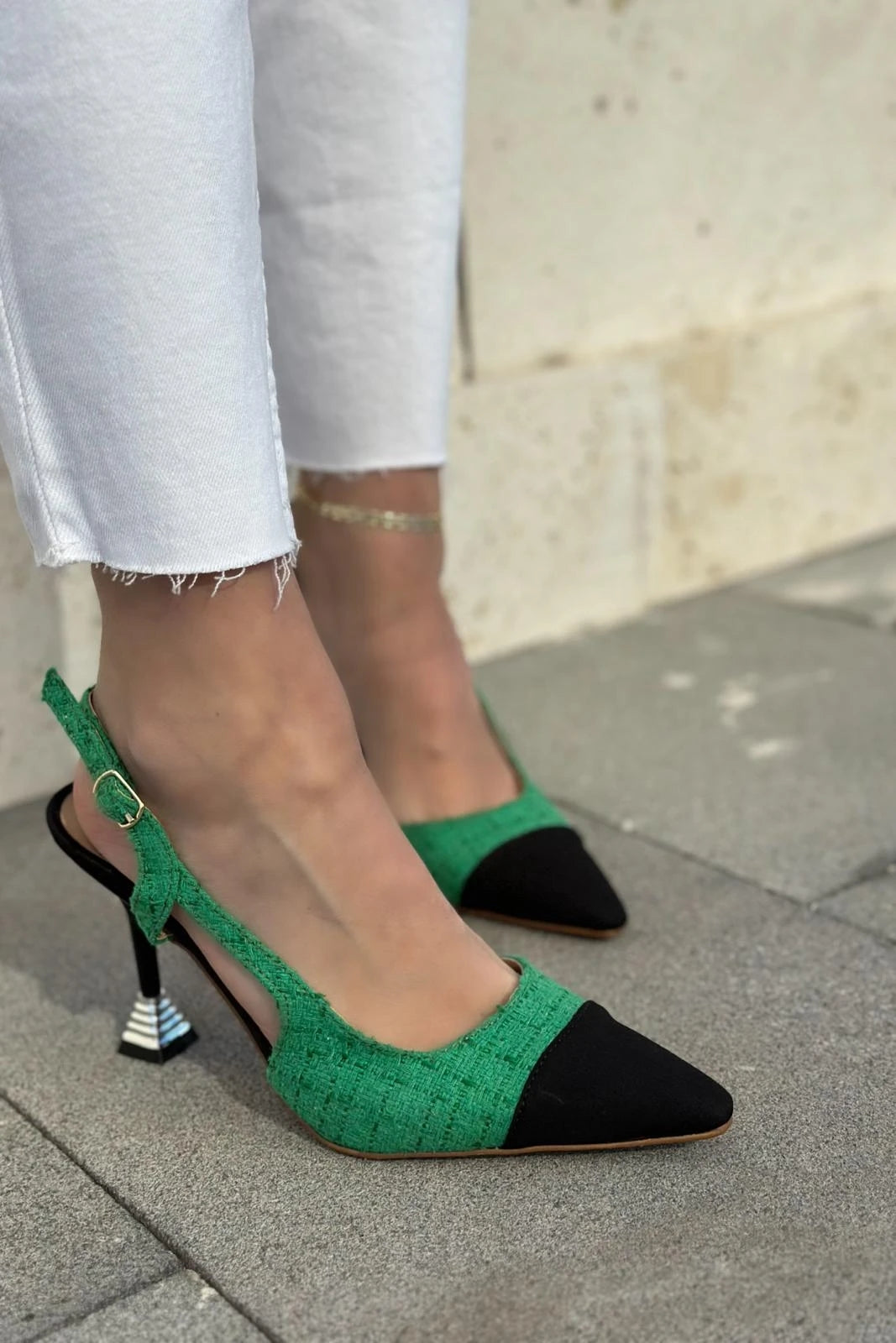 Volpina Saten Tüvit Desenli Stiletto Yeşil
