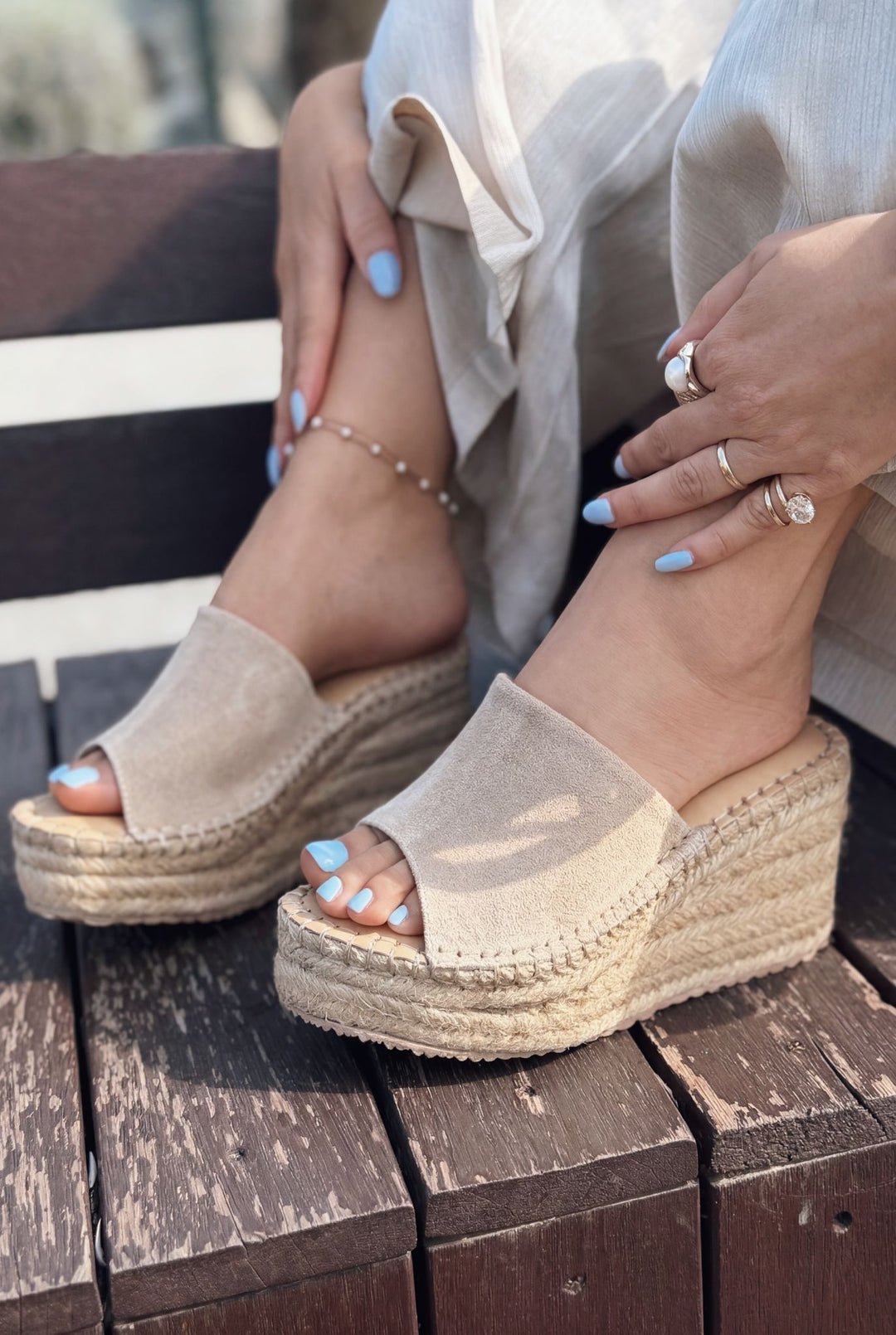 Lorver Bej Hakiki Süet Kadın Dolgu Topuklu Terlik - ILOVESHOES