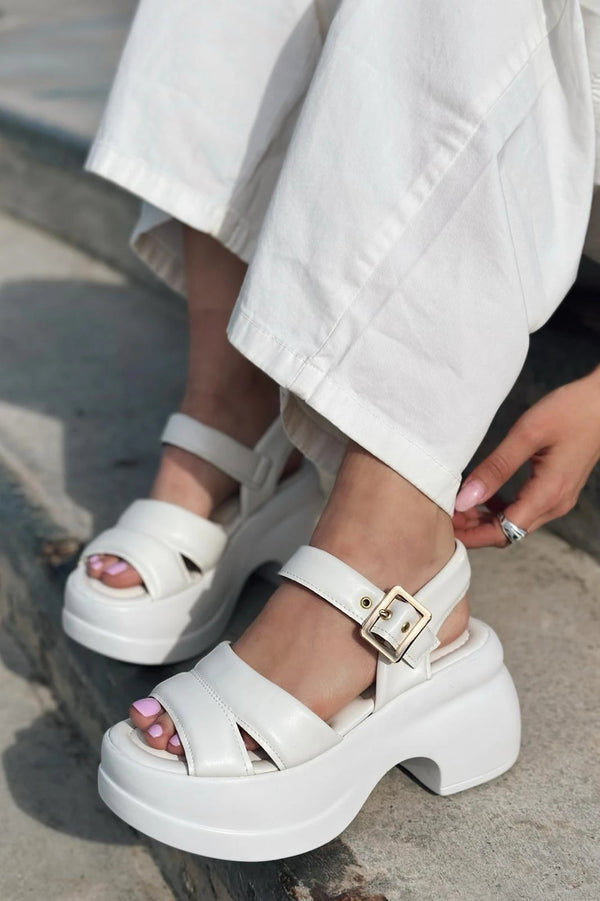 Lifon Mat Deri Kalın Taban Kadın Sandalet Beyaz
