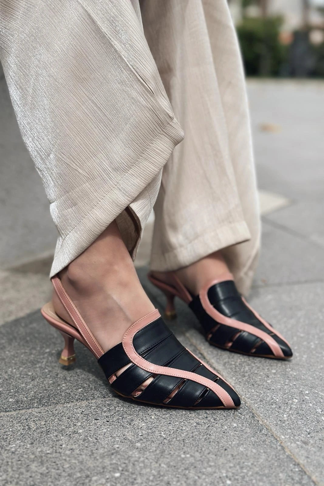 Ponex Mat Deri İnce Topuklu Stiletto Pudra