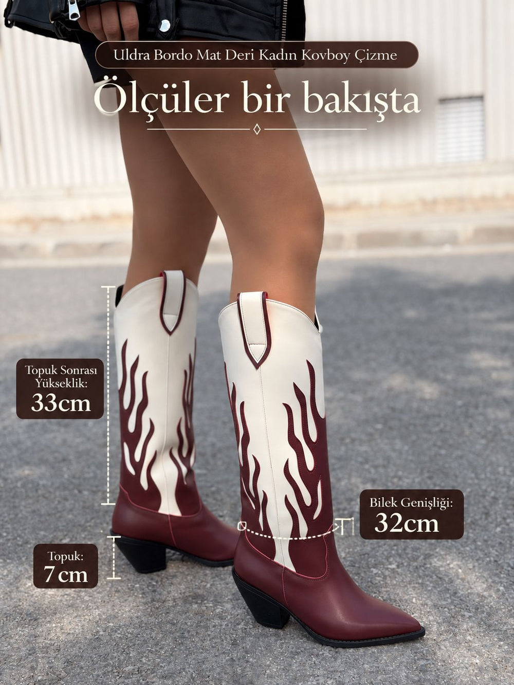 Uldra Bordo Mat Deri Kadın Kovboy Çizme - ILOVESHOES