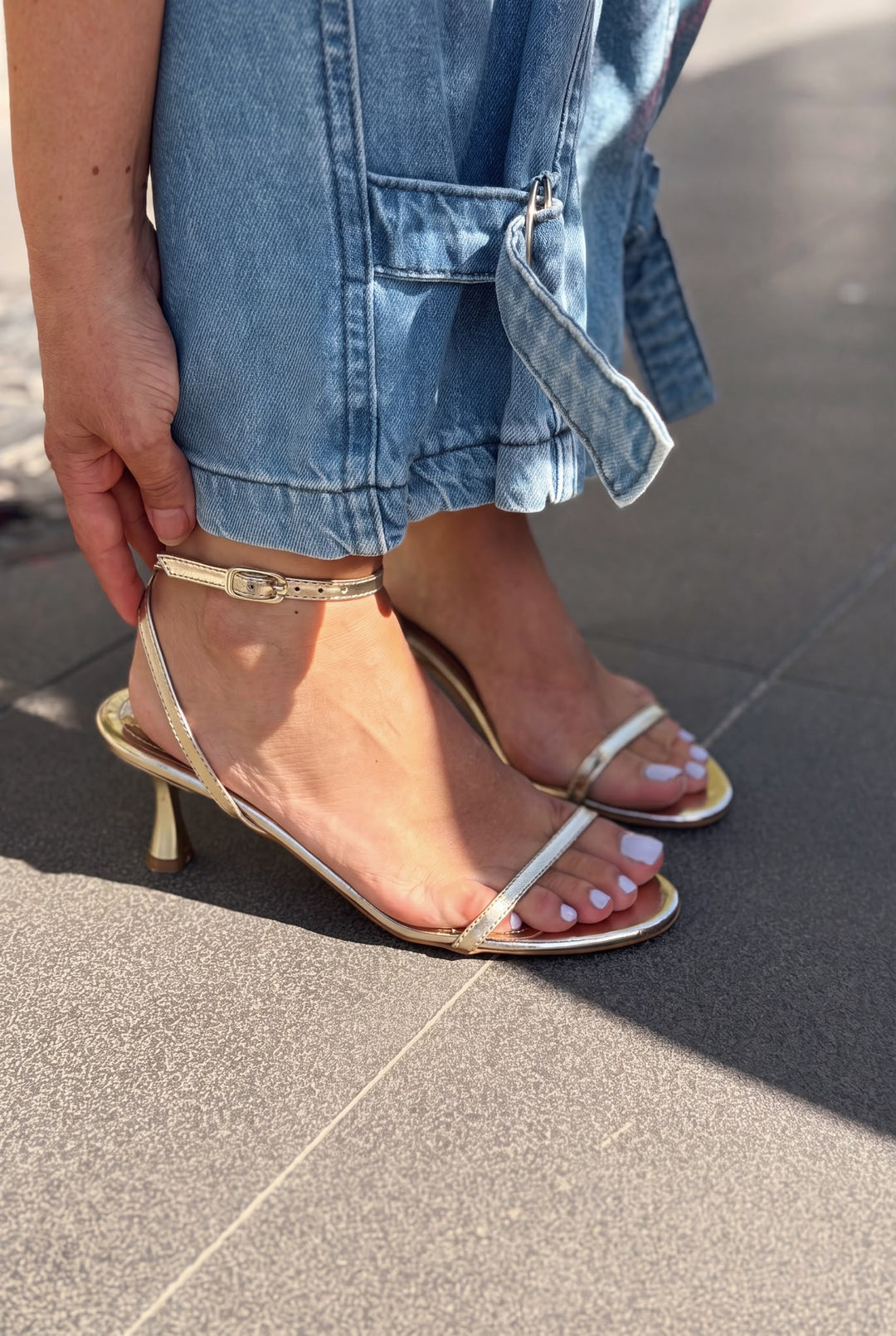Colva Matte Leather Gold Single Strap High Heel Shoes