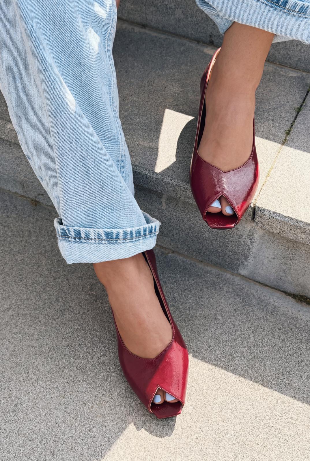 Norvion Hakiki Deri Kadın Topuklu Ayakkabı Bordo Kırışık Rugan - ILOVESHOES