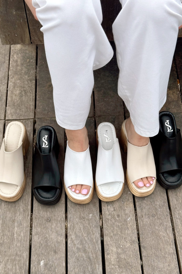 Velseya Mat Deri Kadın Topuklu Terlik Beyaz - ILOVESHOES Türkiye