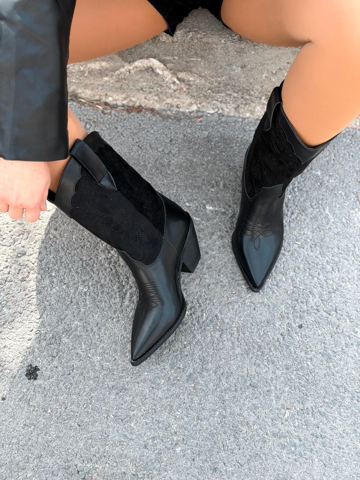 Marnel Kadın Kovboy Çizme Siyah Nakışlı - ILOVESHOES