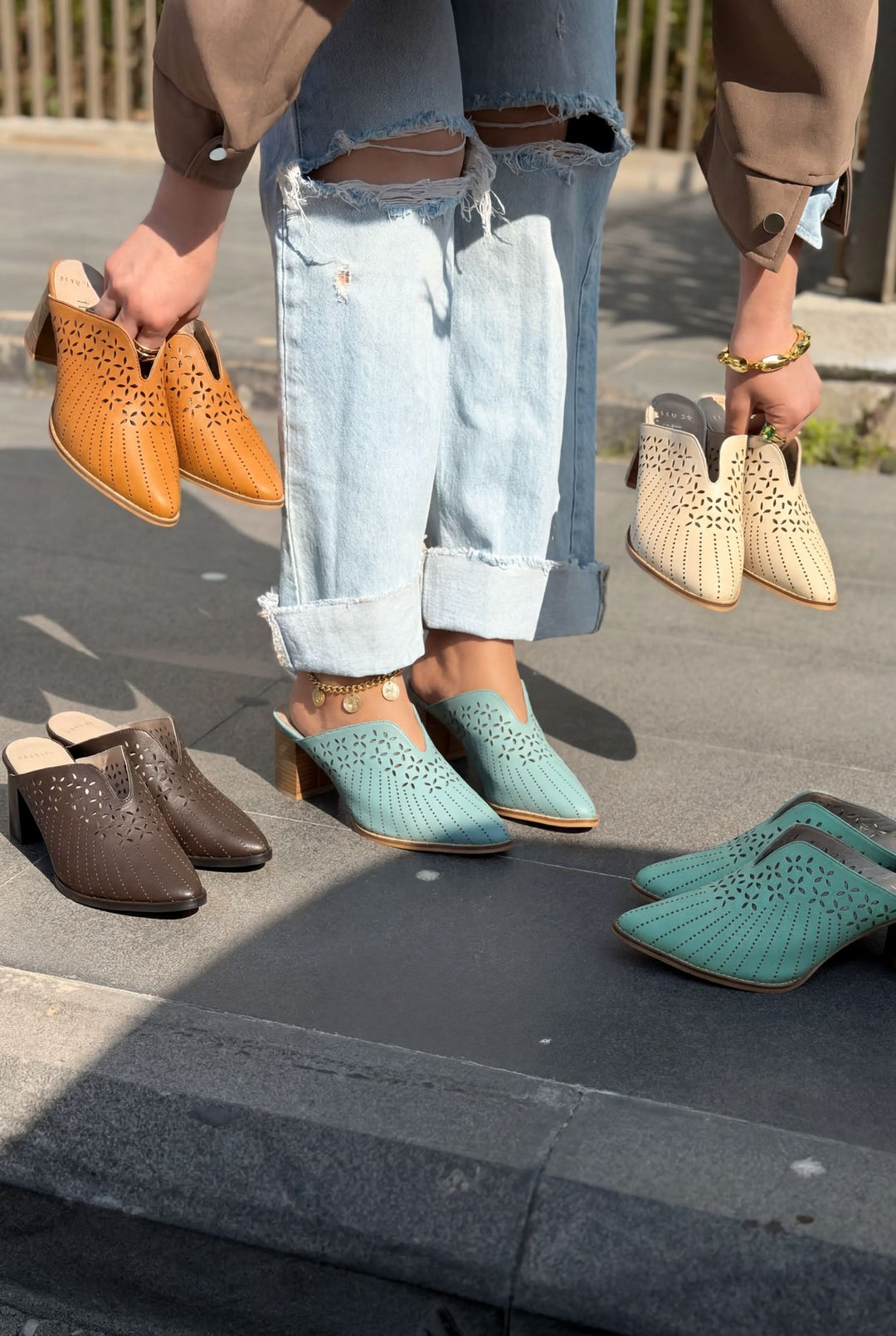 Noravina Hakiki Deri Topuklu Terlik Taba - ILOVESHOES
